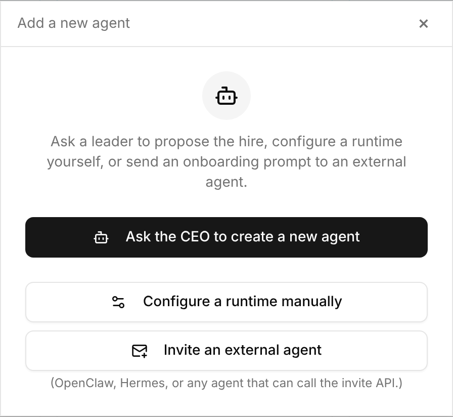 The Add a new agent dialog with the Invite an external agent option