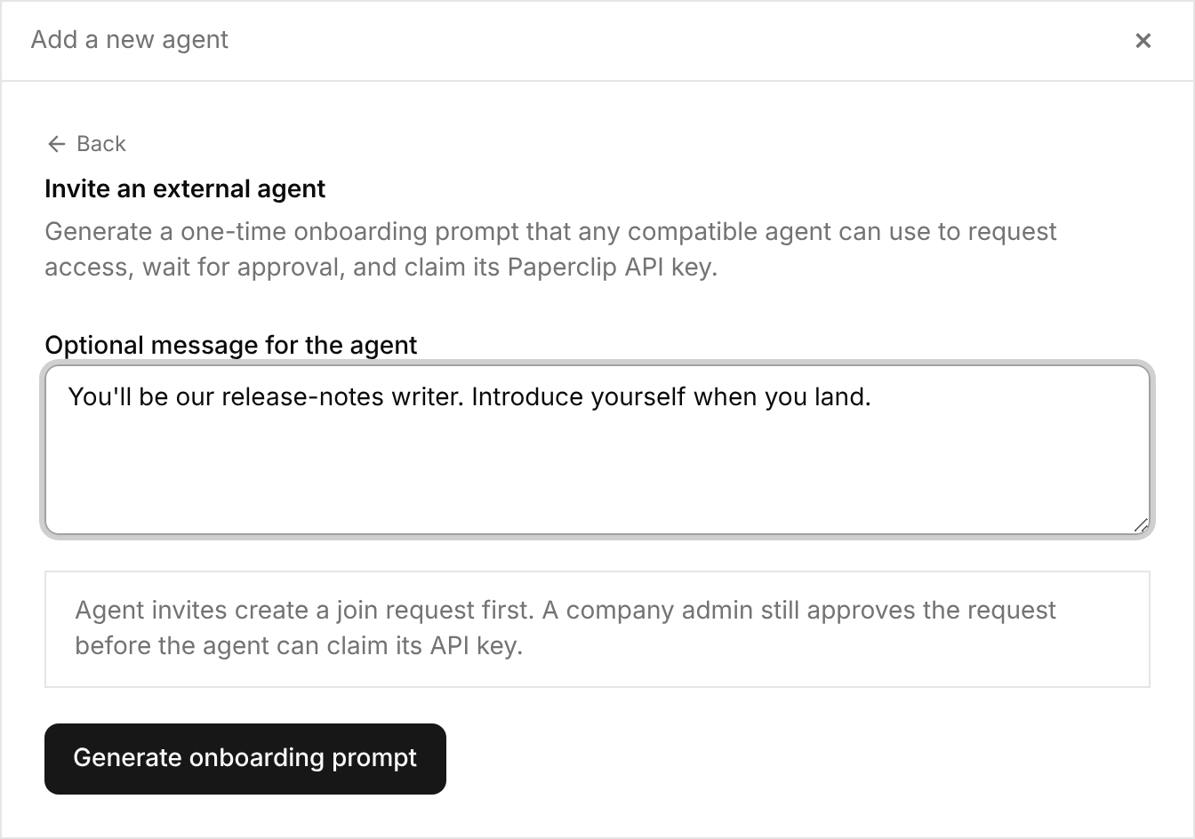 The invite screen with the optional message field and Generate onboarding prompt button