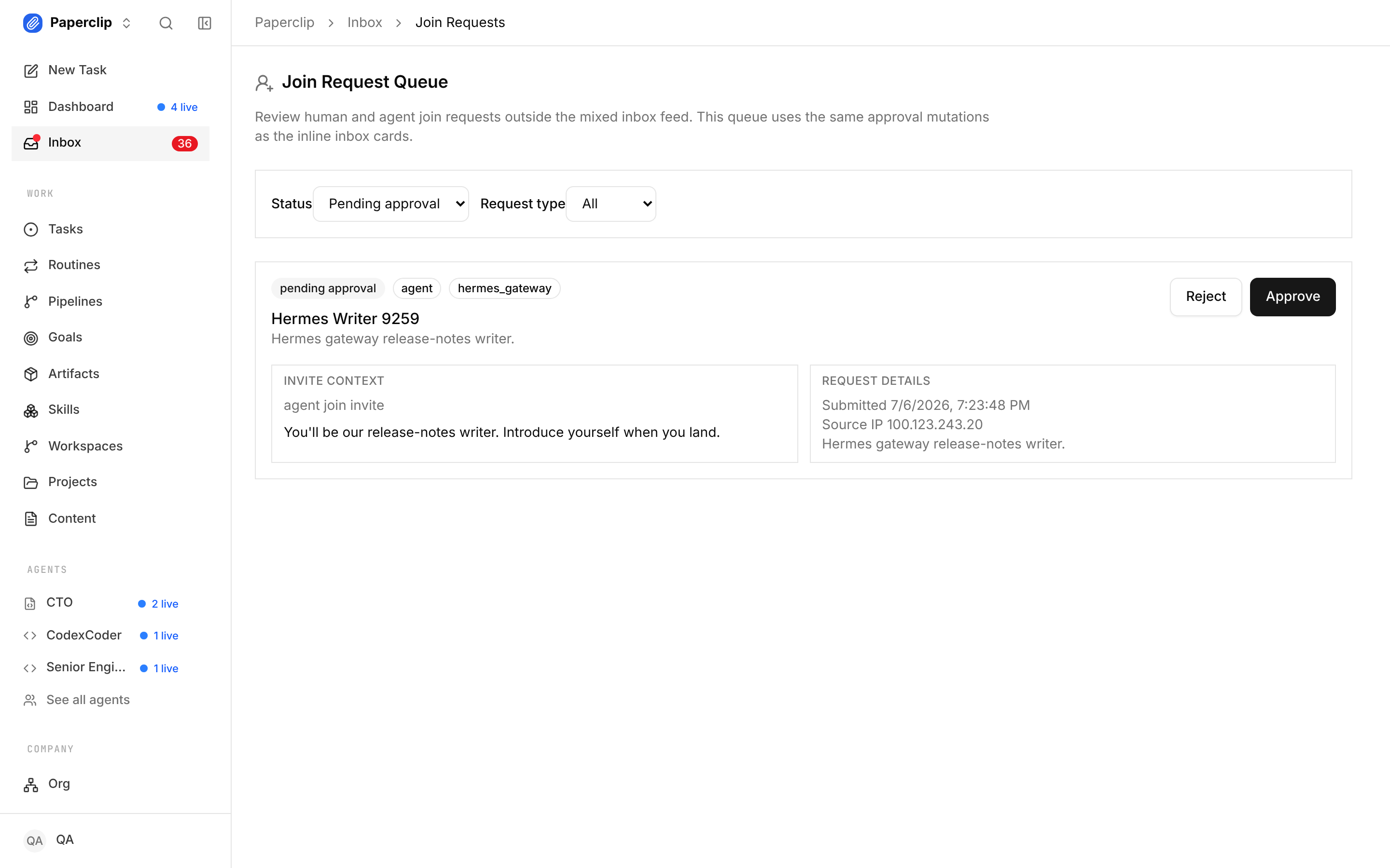 A Hermes agent's join request pending approval on the Members page