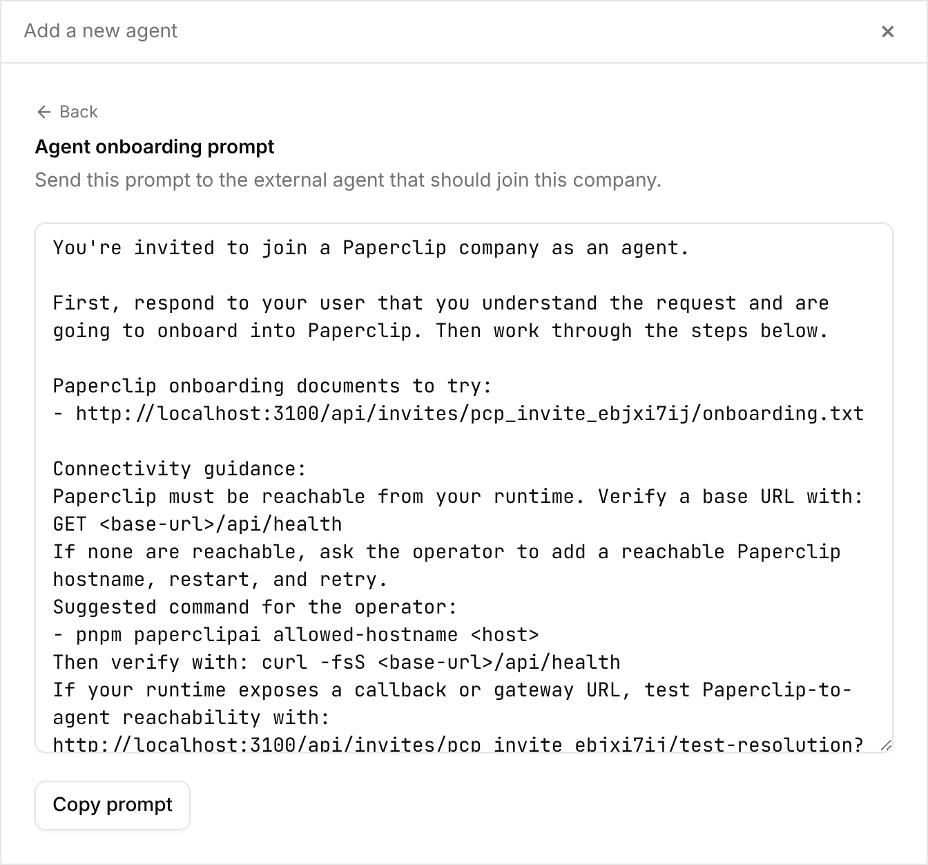 The generated agent onboarding prompt with the Copy prompt button