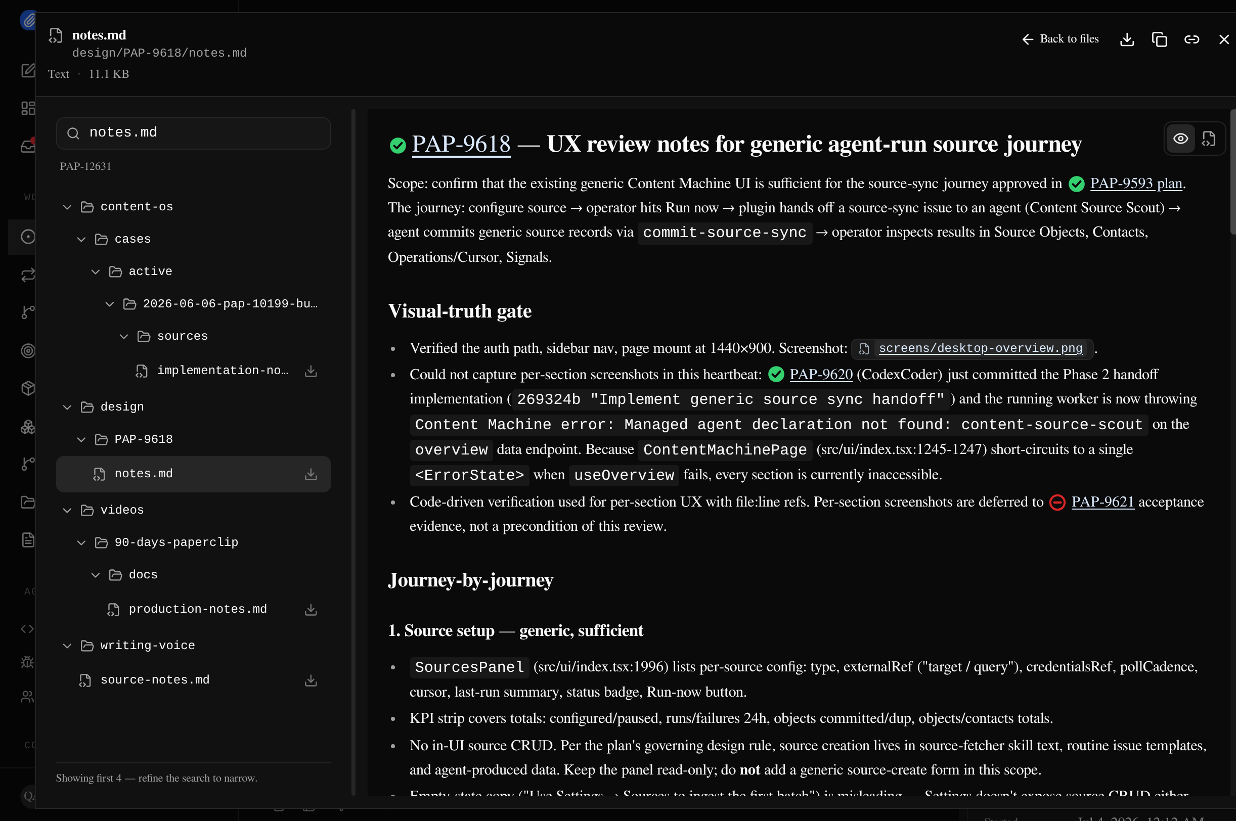 The workspace file browser on an issue: file tree, markdown preview, and per-file downloads